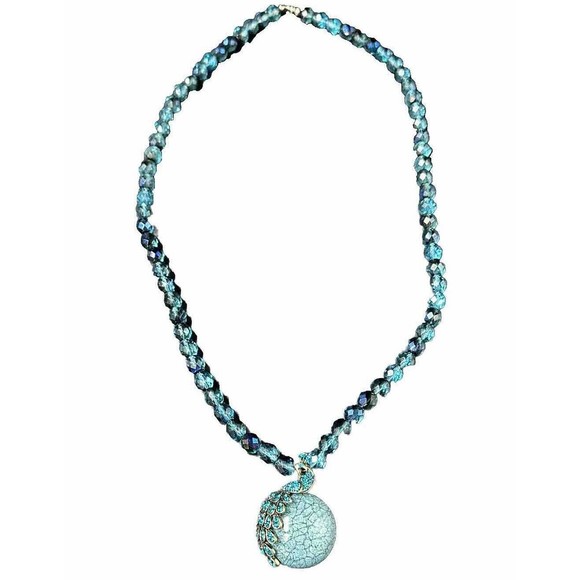 Crystal Jewelry - Turquoise Colored Crystal Beaded Costume Necklace Round Rhinestone Medalion